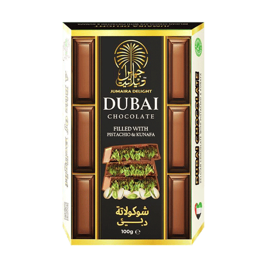 Jumaira Delight Chocolate 12-pack box featuring Dubai chocolate filled with pistachio and kunafa, perfect for indulgence.