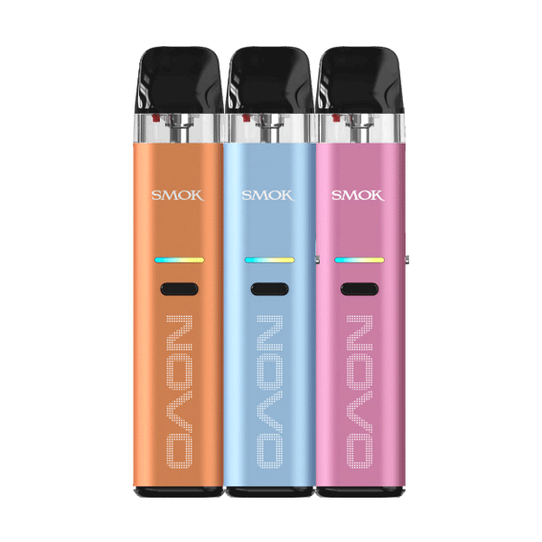 three Smok Novo Eco pod kits in orange, pale blue, and pink three Smok Novo Eco pod kits in orange, pale blue, and pink