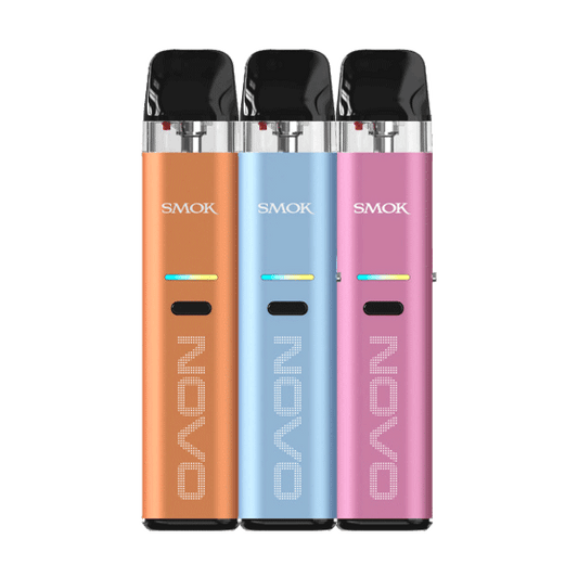 three Smok Novo Eco pod kits in orange, pale blue, and pink