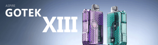 Promotional banner showcasing the Aspire Gotek XIII vape kit, featuring purple and cyan colours against a grey background.