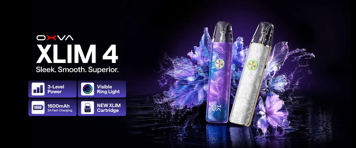Promotional banner featuring xlim 4 kit by oxva, features and specs