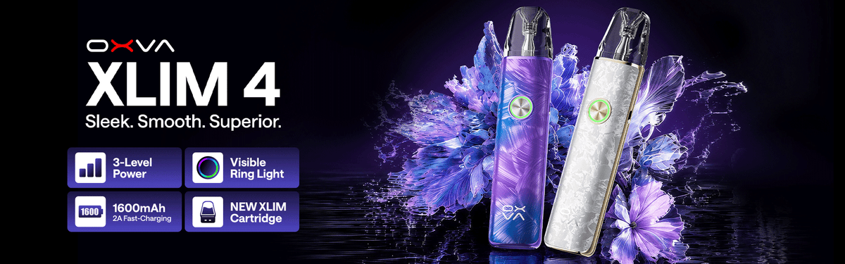 Promotional banner featuring xlim 4 kit by oxva, features and specs