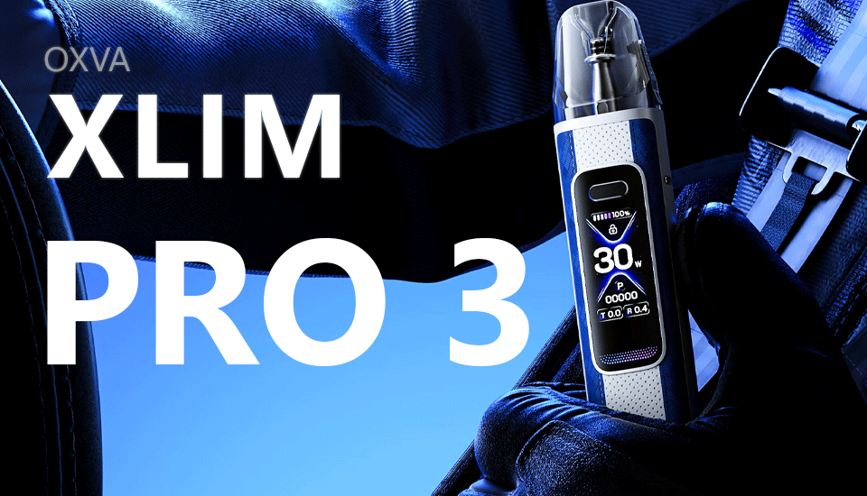 Mobile banner of the OXVA Xlim Pro 3 vape kit highlighting the device’s screen, pod, and sky blue textured design in a close-up promotional image.
