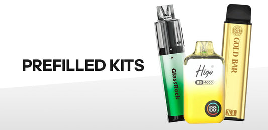 Prefilled Pod kits collection Image Featuring Higo BB4000, Gold Bar XL, and JNR P5 Glassrock