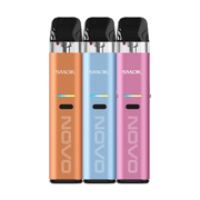 three Smok Novo Eco pod kits in orange, pale blue, and pink