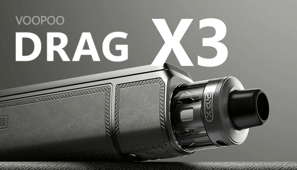 Mobile banner displaying the Voopoo Drag X3 vape kit with a close-up of the device’s textured body and pod tank on a grey background.