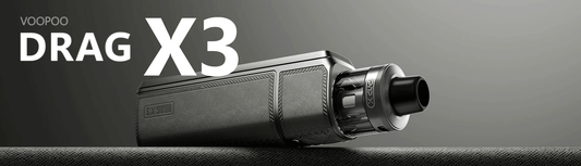 Promotional banner showcasing the Voopoo Drag X3 vape kit, featuring a close-up view of the device’s textured body and pod tank against a grey background.